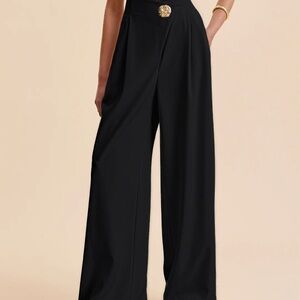 Commense Elegant Black Wide-Leg Pants with Gold Detail